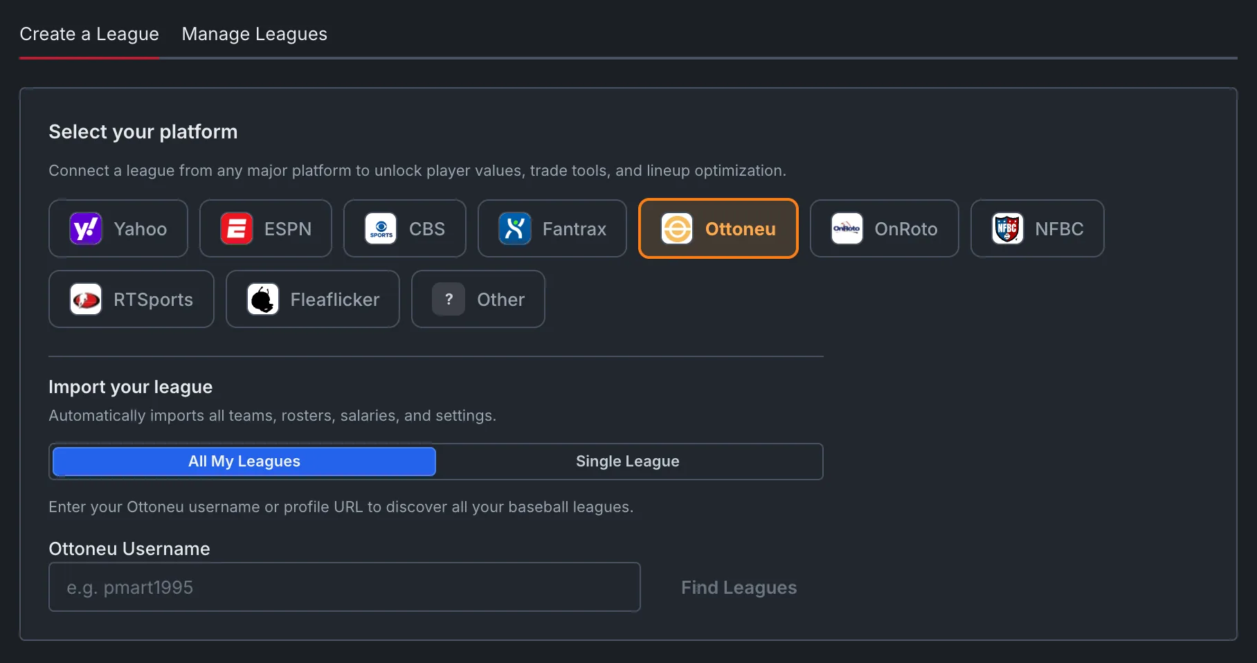 League import with platform selection