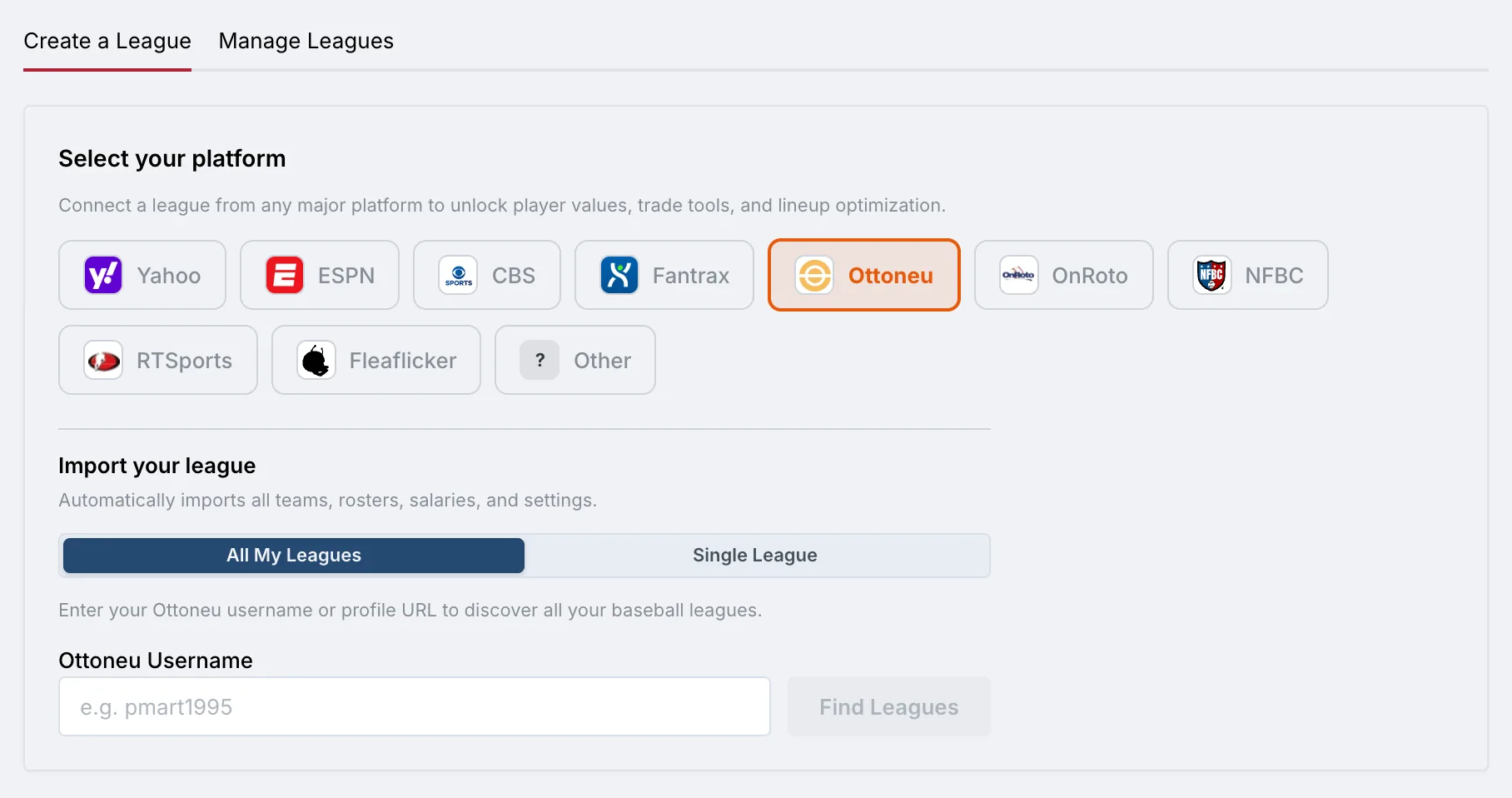 League import with platform selection