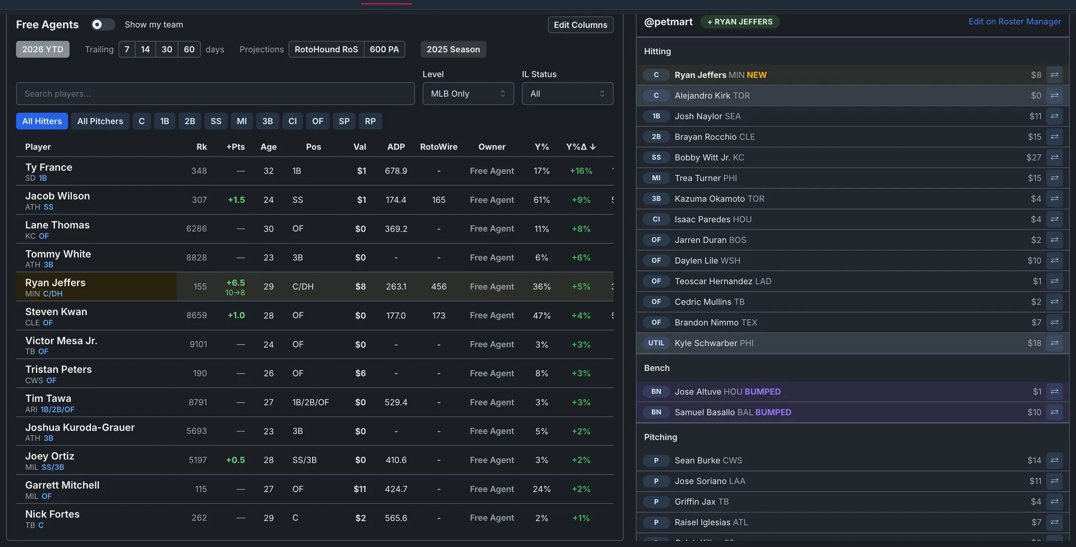 Pickup Analyzer with a free-agent add and drop staged
