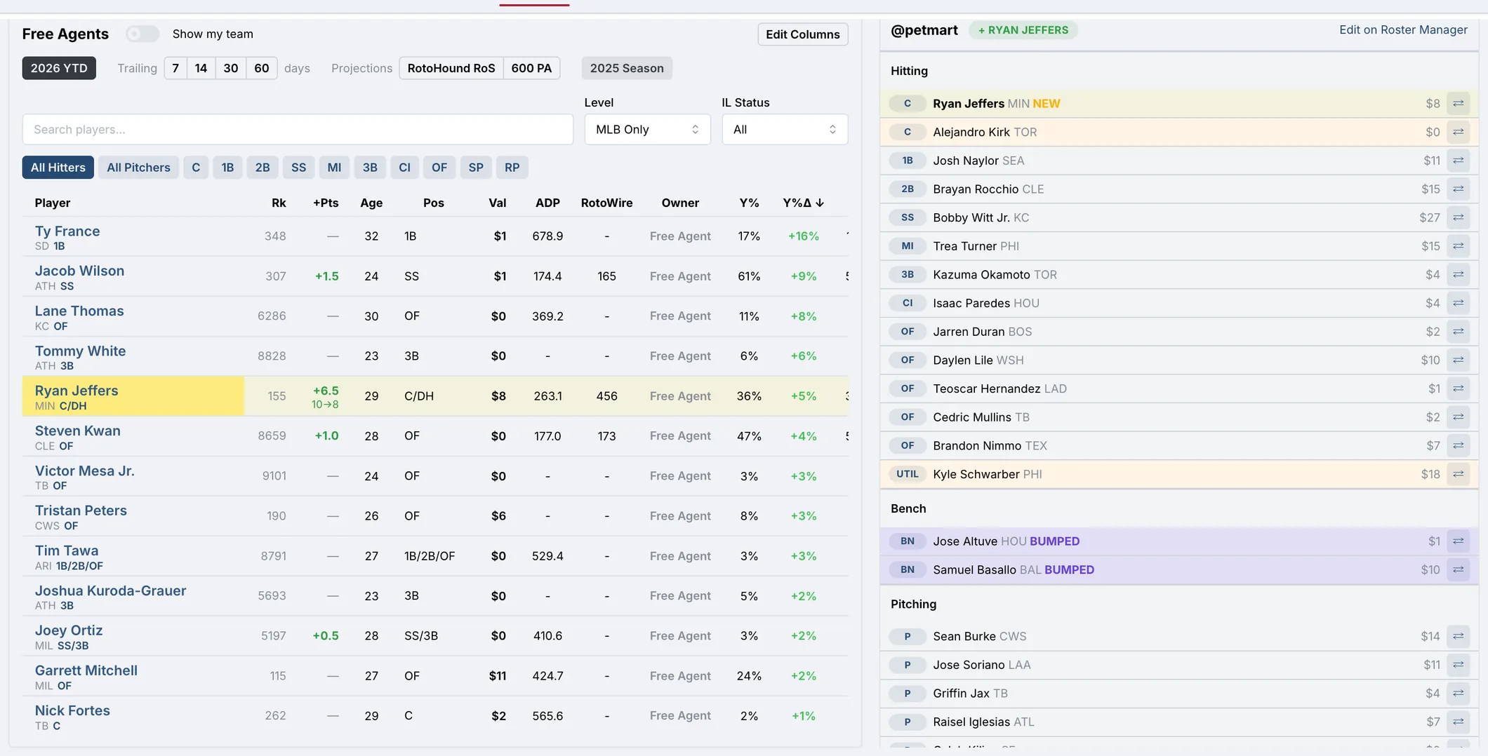 Pickup Analyzer with a free-agent add and drop staged