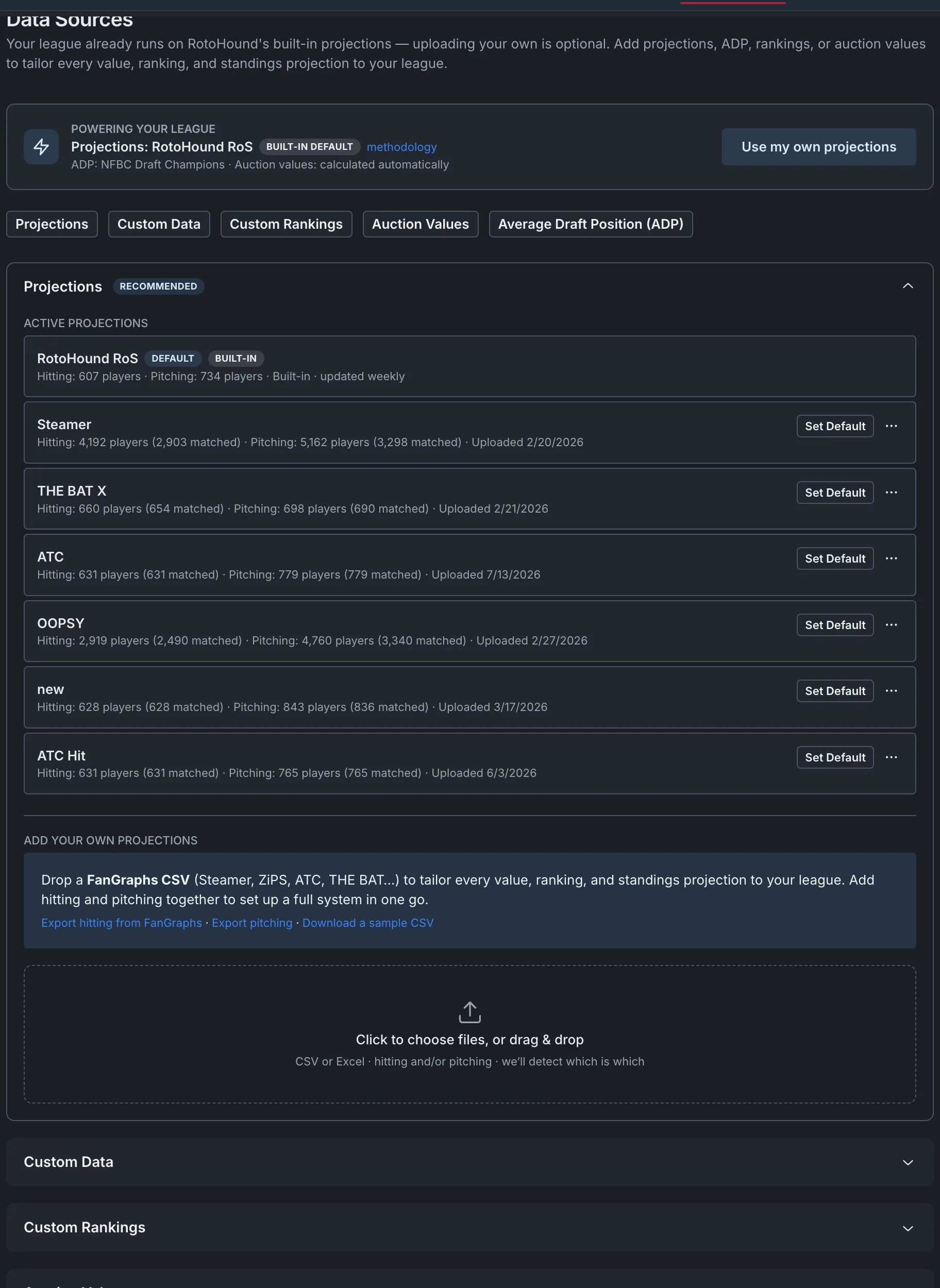 Projection upload and data sources