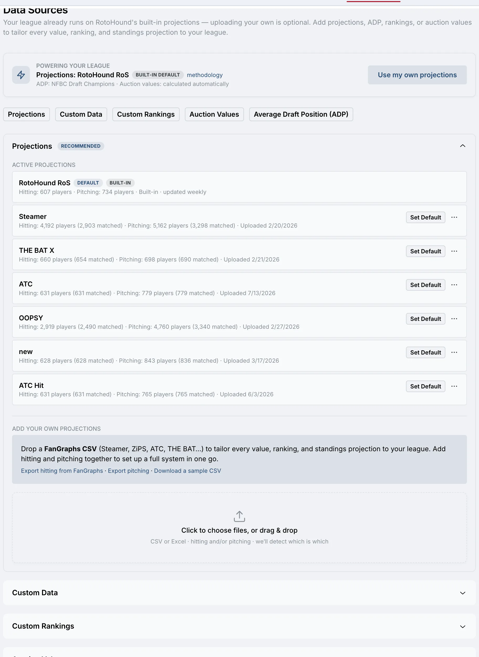Projection upload and data sources